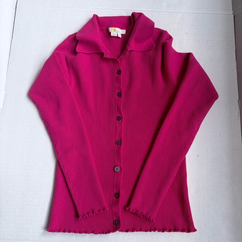 Boden Hot Pink Ribbed Button-Up Cardigan Lettuce Hem Long Sleeve EUC Small Fit